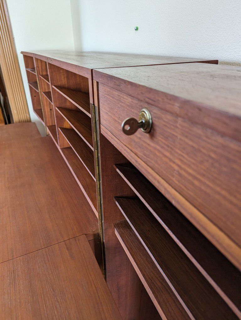 Stunning Teak Magic Box Folding Desk /w Solid Brass Brutalist Pulls