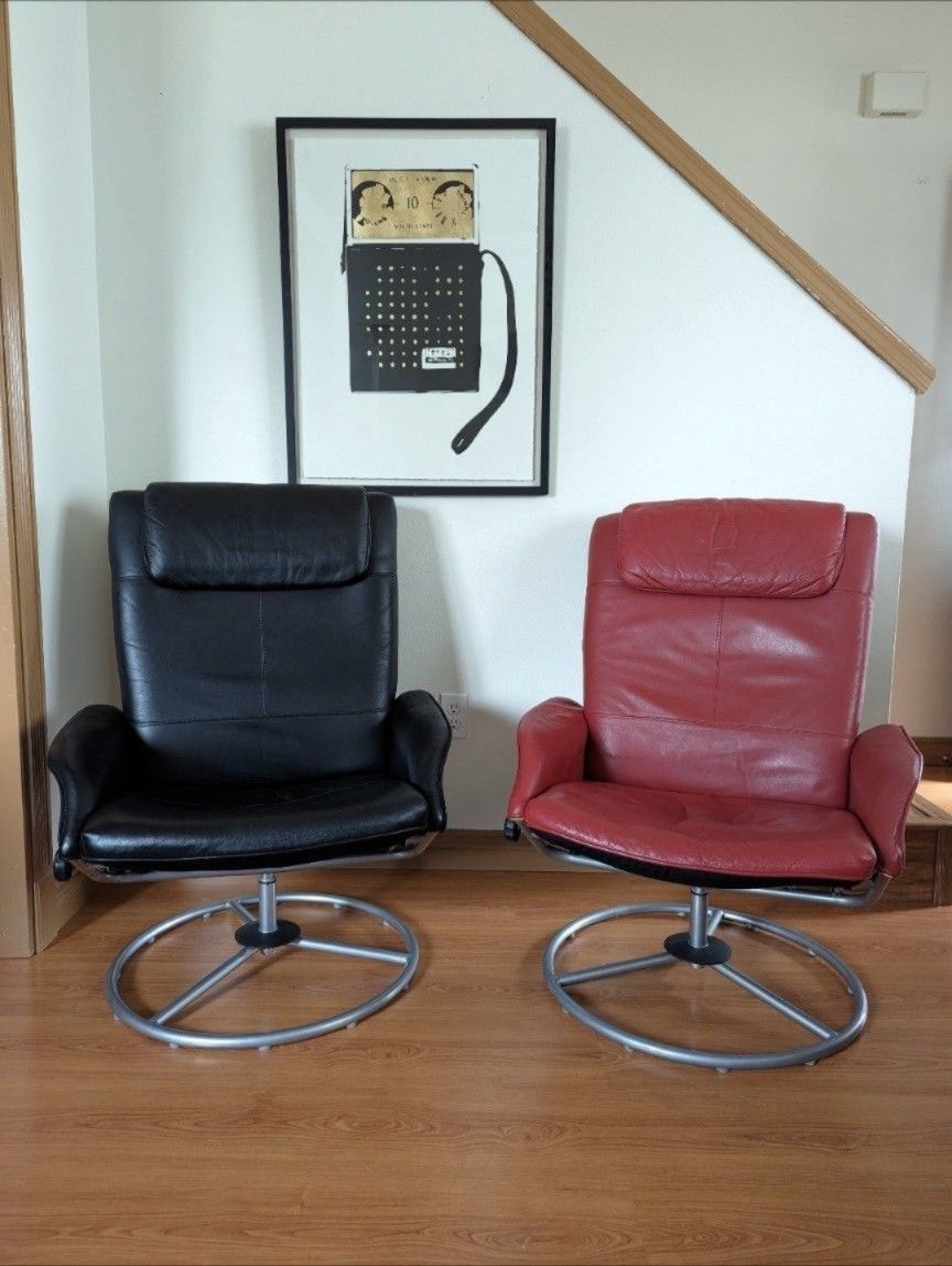 Pair of Vintage Ekornes Stressless Style Black & Red Leather Lounge Chair Recliners by IKEA