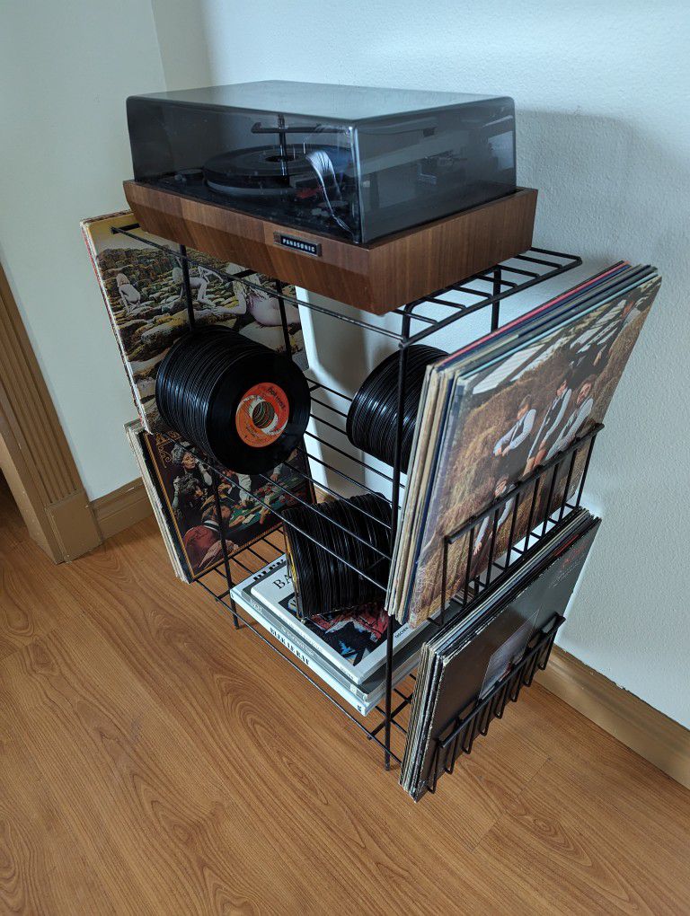 Vintage Black Metal Record Player Storage, Stand & Display