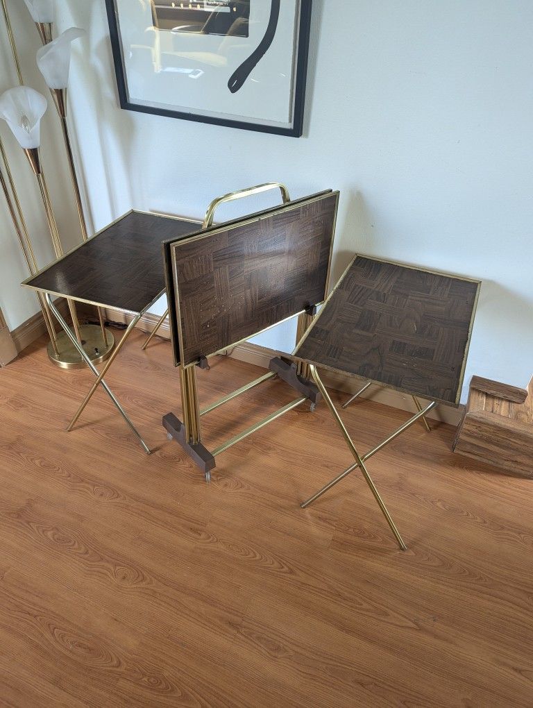Vintage Set of 4 MCM Brass TV Trays & Rolling Cart