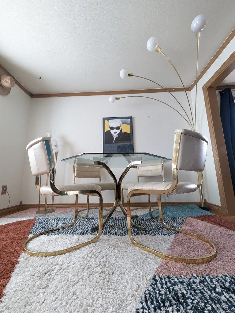 Stunning Postmodern Cream Leather, Brass & Glass Dining Set by Cal Style
