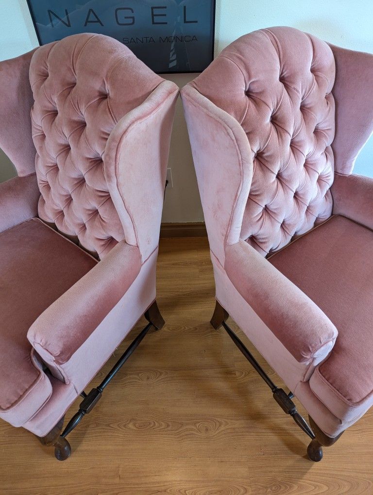 Postmodern Vintage Pink Velvet Upholstered Wingback Lounge Chairs