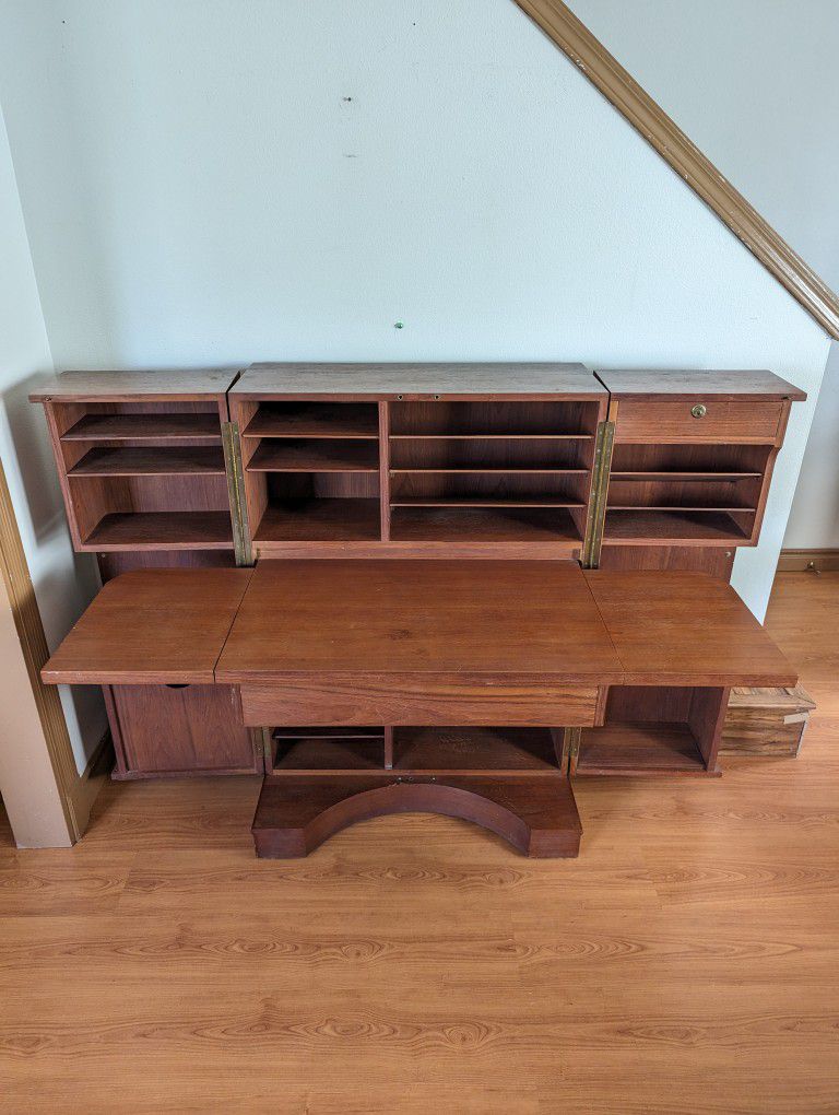 Stunning Teak Magic Box Folding Desk /w Solid Brass Brutalist Pulls