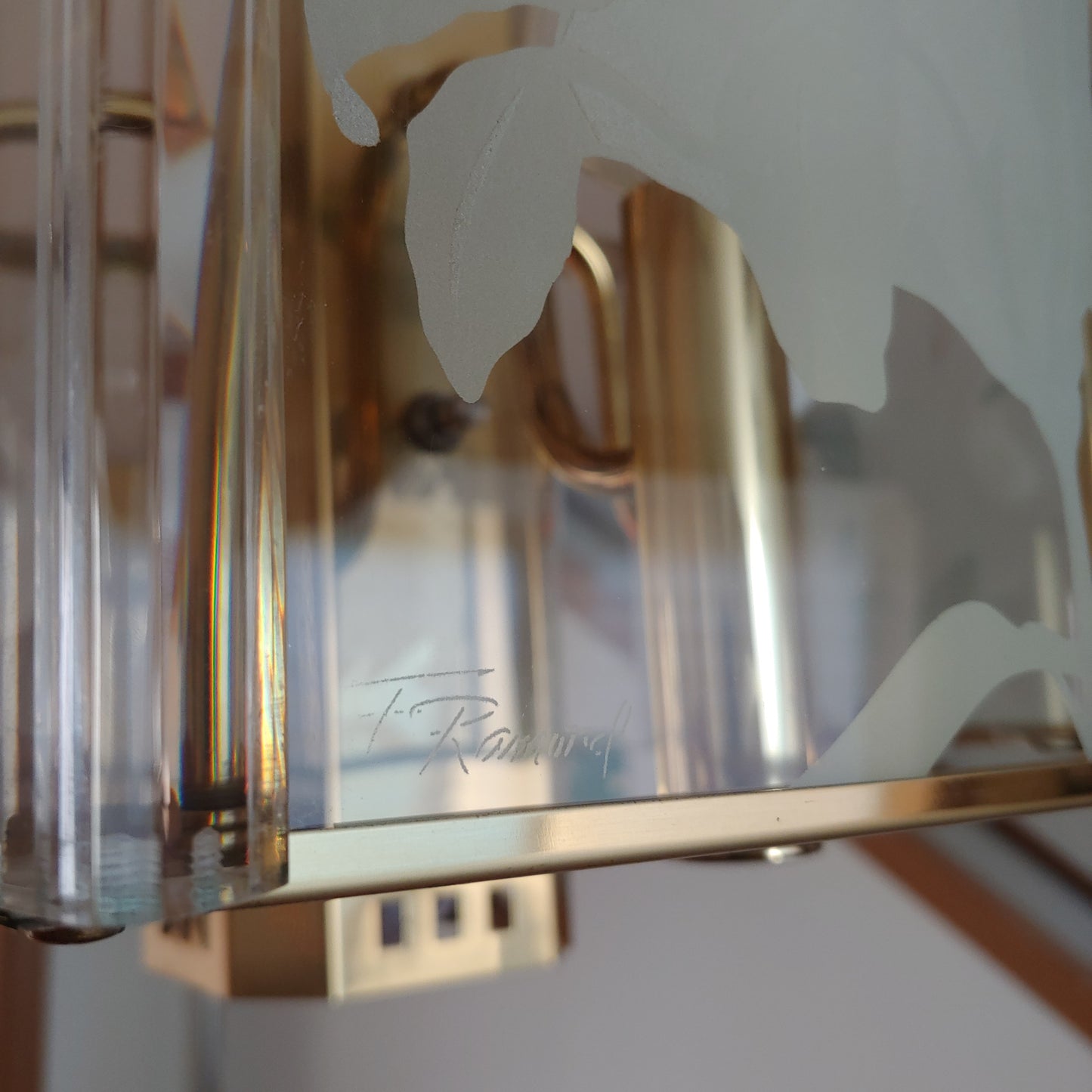 1980s Postmodern Fredrick Raymond Glass Brass Chandelier