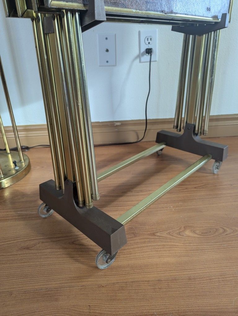 Vintage Set of 4 MCM Brass TV Trays & Rolling Cart