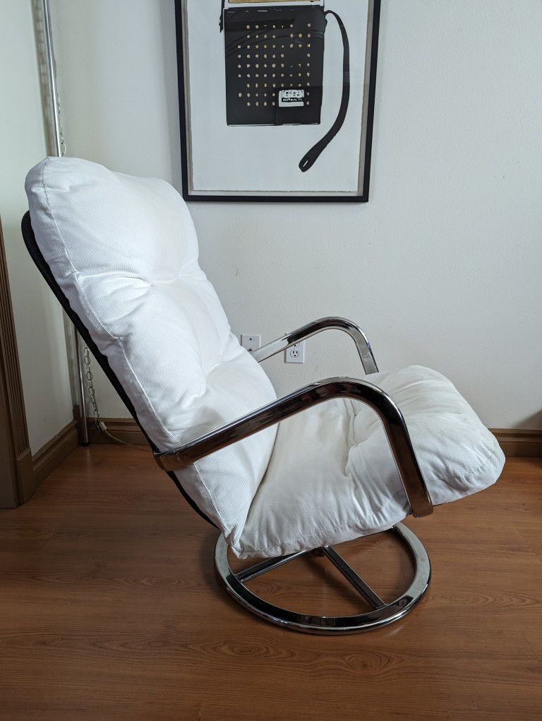 Vintage IKEA Smedsta Tufted White Corduroy Chrome Swivel Lounge Chair