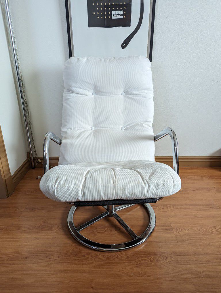 Vintage IKEA Smedsta Tufted White Corduroy Chrome Swivel Lounge Chair