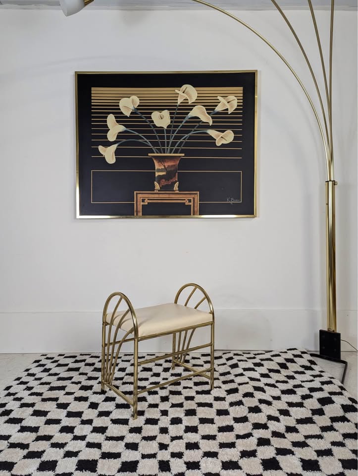 Vintage Art Deco Revival Brass & Cream Faux Leather Vanity Bench