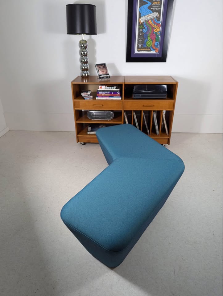 Mid Century Modern Style Teal Upholstered Boomerang Bench