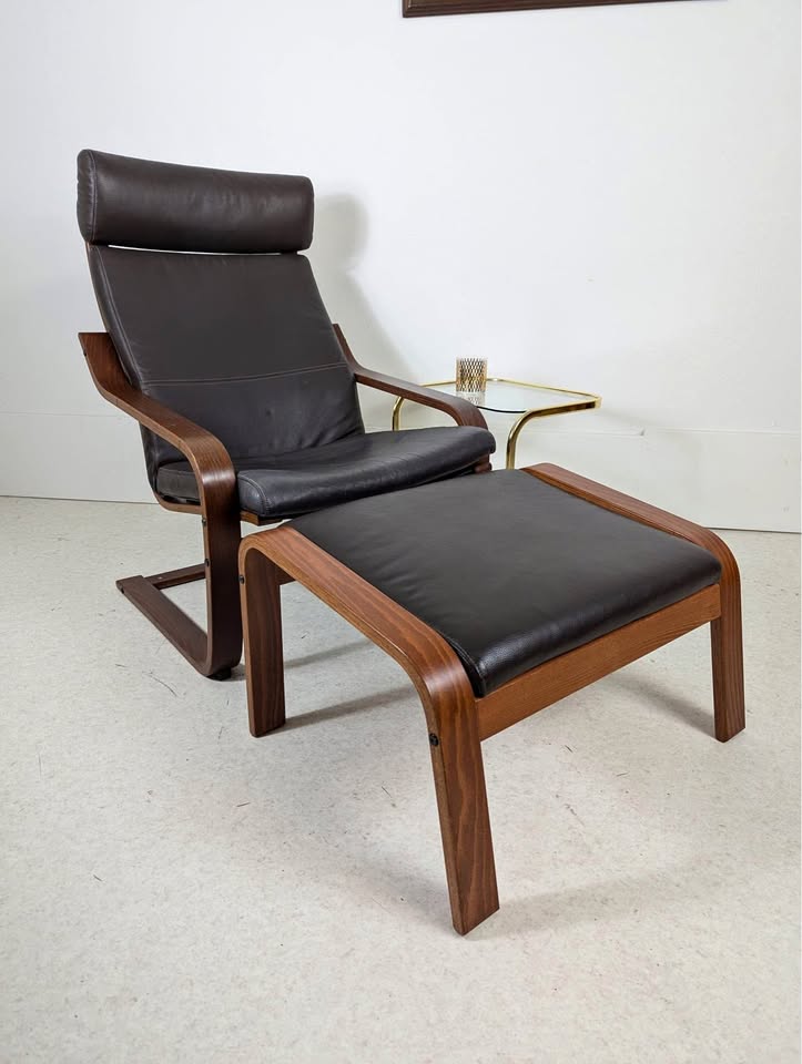 IKEA Poang Brown Leather & Teak Framed Lounge Chair & Ottoman