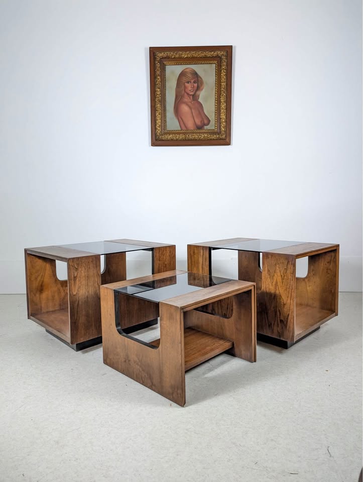 MCM Set of 3 Walnut & Smoked Glass Living Room Tables by Lane