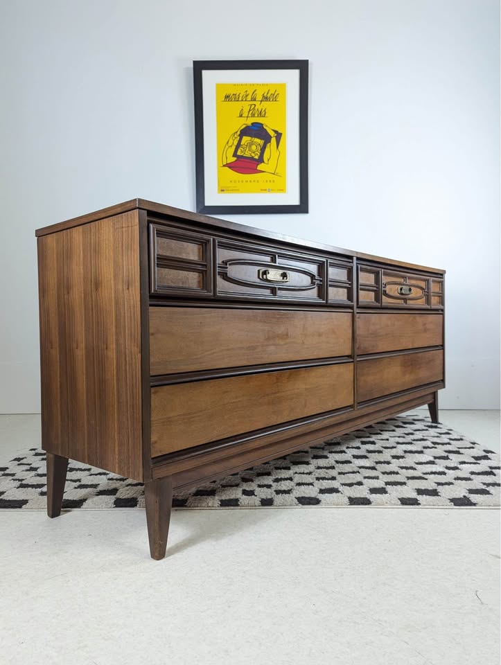 Mid Century Modern 6 Drawer Lowboy Dresser & Mirror by Bassett