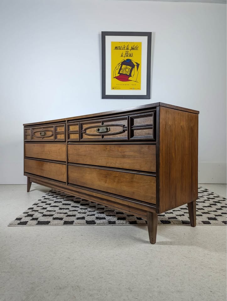 Mid Century Modern 6 Drawer Lowboy Dresser & Mirror by Bassett