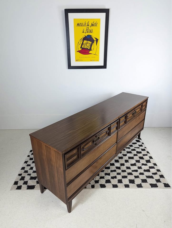 Mid Century Modern 6 Drawer Lowboy Dresser & Mirror by Bassett