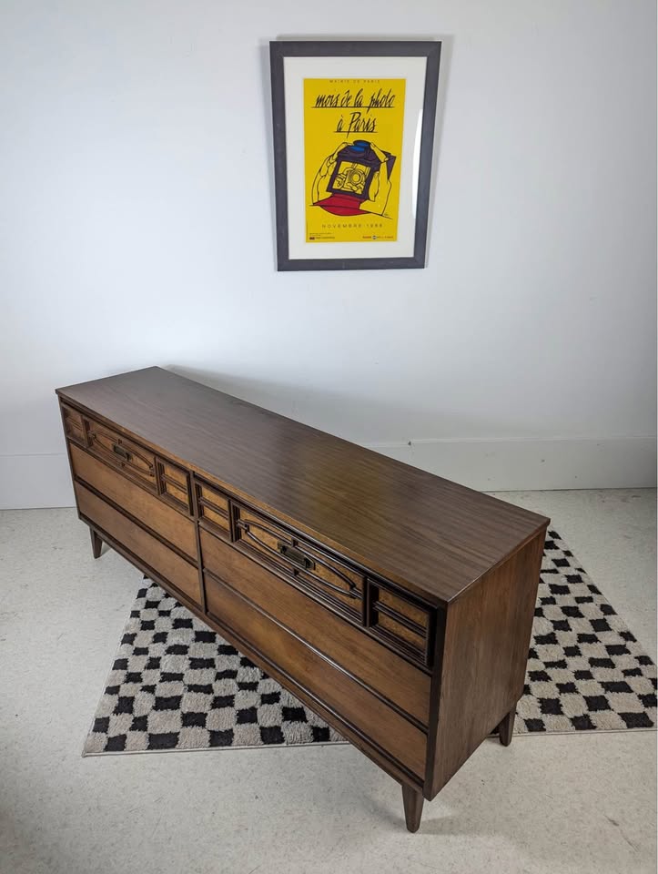 Mid Century Modern 6 Drawer Lowboy Dresser & Mirror by Bassett