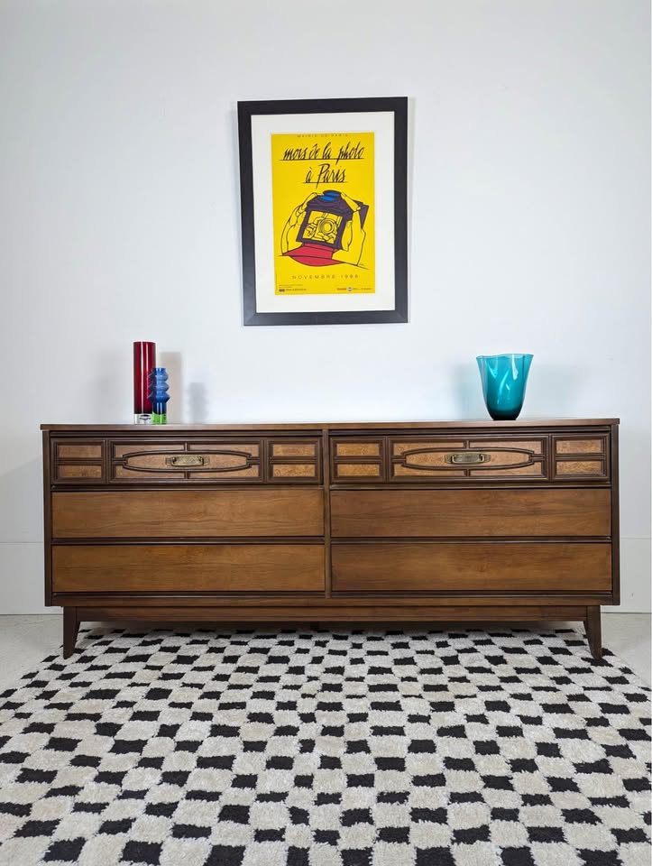 Mid Century Modern 6 Drawer Lowboy Dresser & Mirror by Bassett