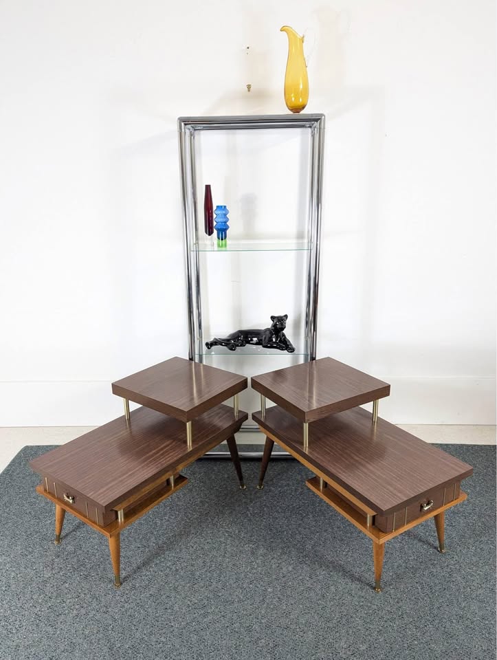 Pair of 2 Tiered MCM Atomic Laminate, Wood & Brass End Tables