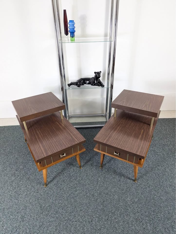 Pair of 2 Tiered MCM Atomic Laminate, Wood & Brass End Tables