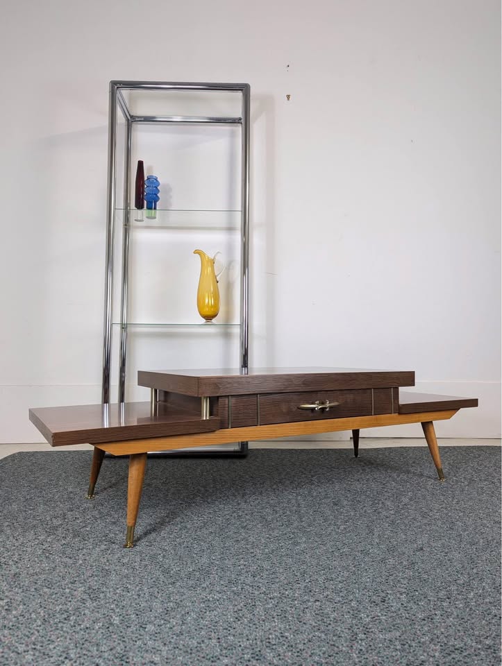 MCM Atomic 3 Tiered Laminate, Wood & Brass Coffee Table