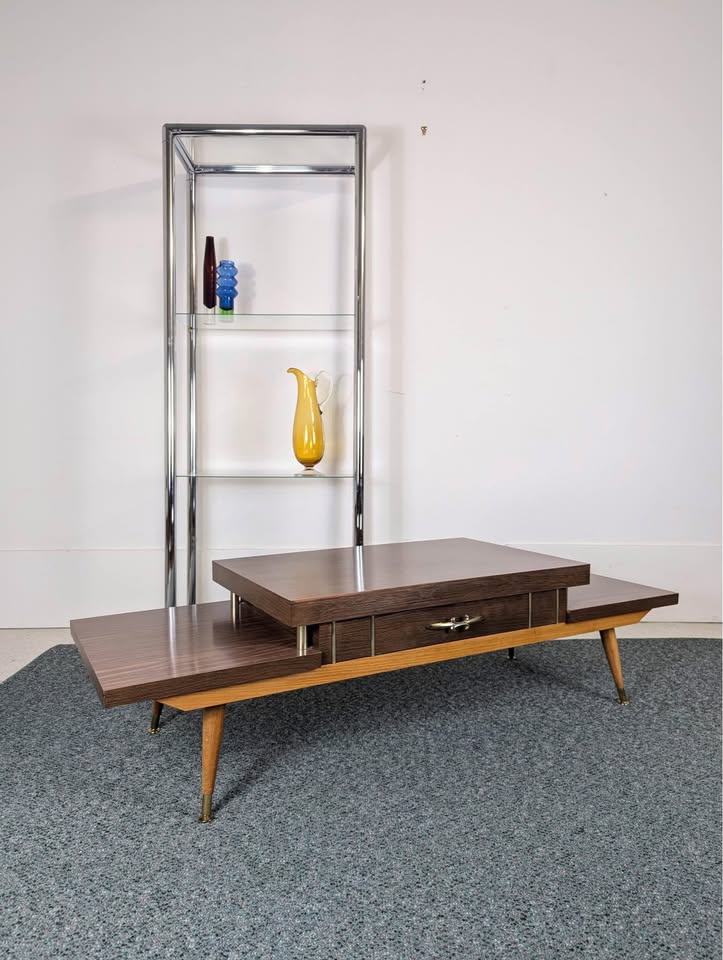 MCM Atomic 3 Tiered Laminate, Wood & Brass Coffee Table