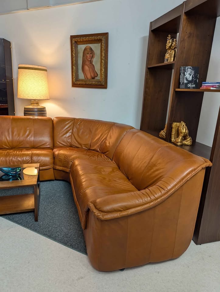 Scandinavian Cognac Leather Modular Corner Sectional Couch