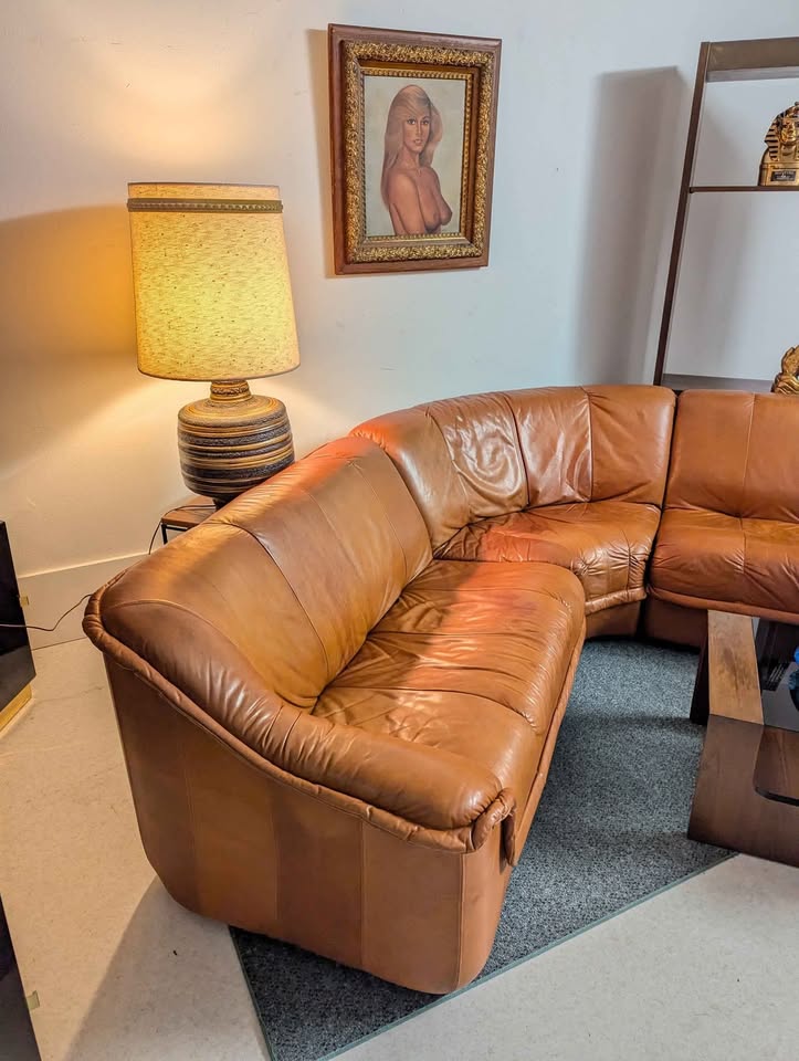 Scandinavian Cognac Leather Modular Corner Sectional Couch