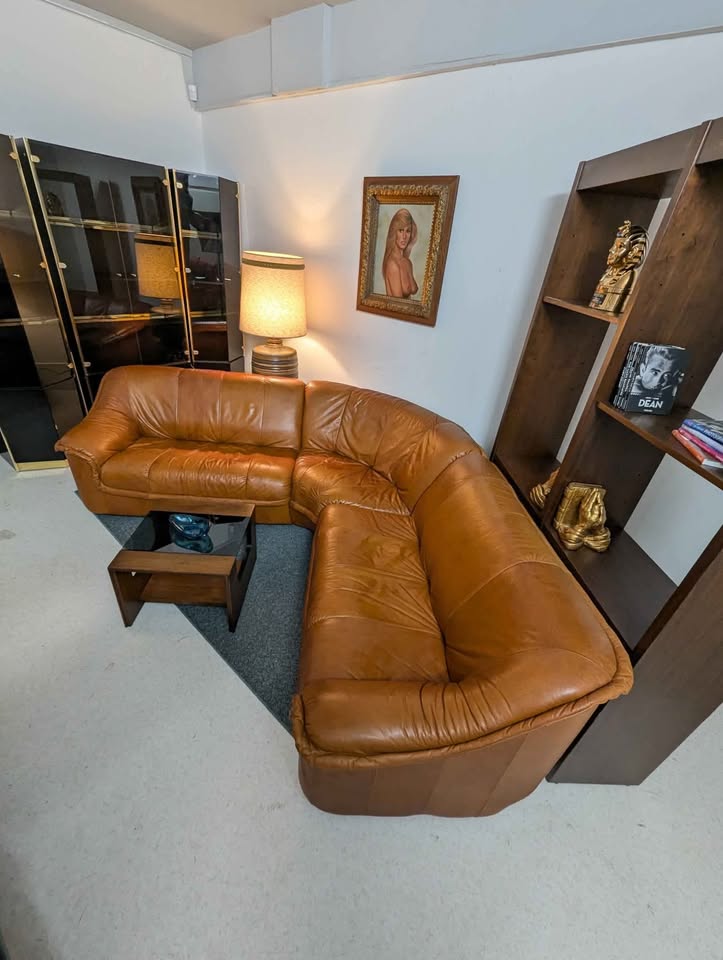 Scandinavian Cognac Leather Modular Corner Sectional Couch