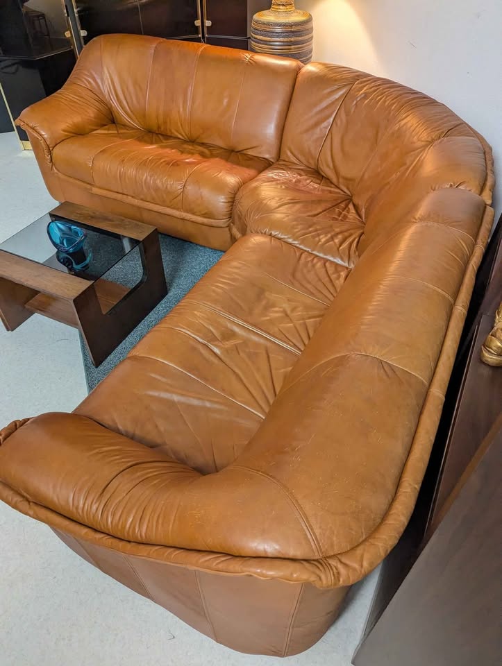 Scandinavian Cognac Leather Modular Corner Sectional Couch