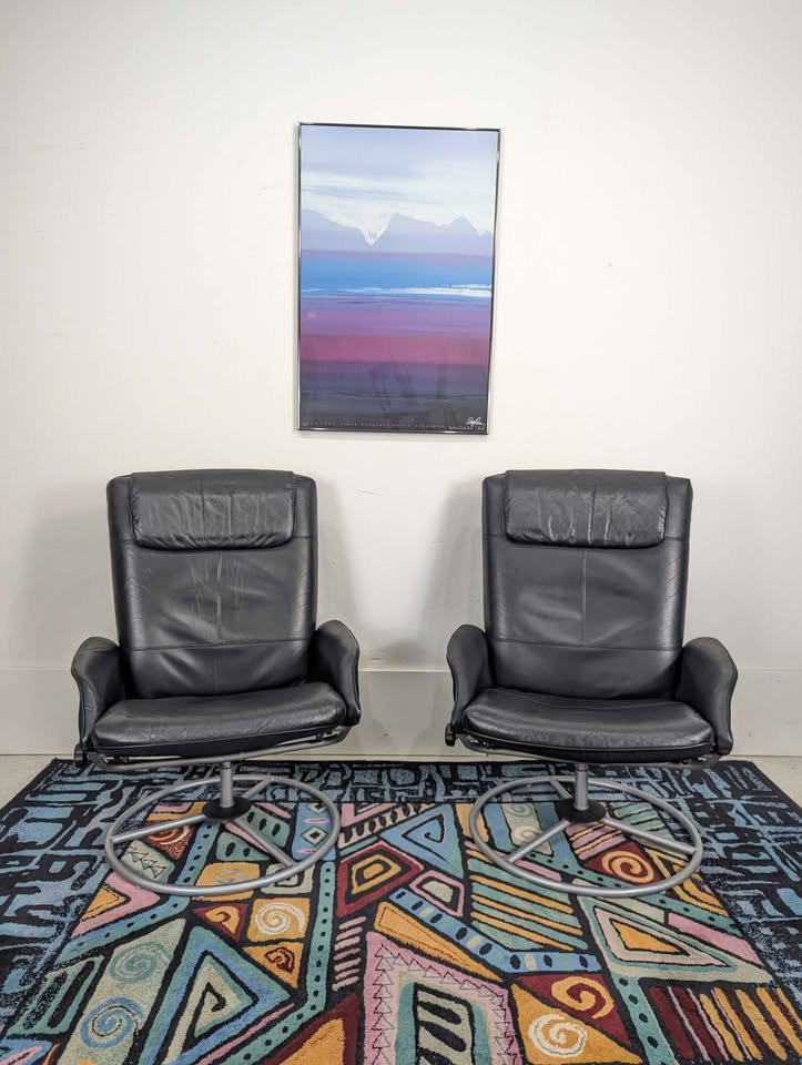 Pair of Vintage IKEA Malung Black Leather Lounge Chair Recliners in Style of Ekornes