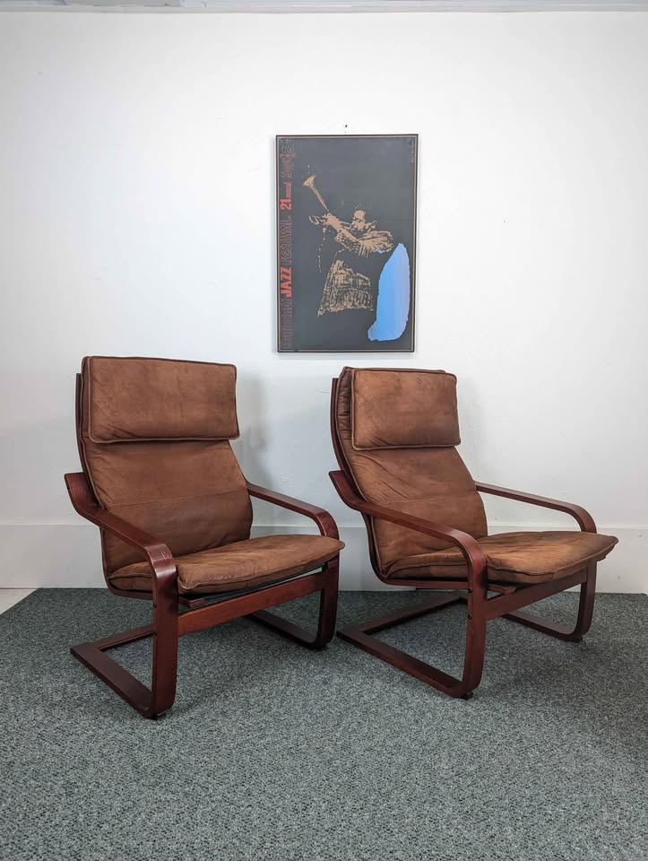 Vintage Pair of a Rare Brown Suede Leather Noboru Nakamura Chairs for IKEA