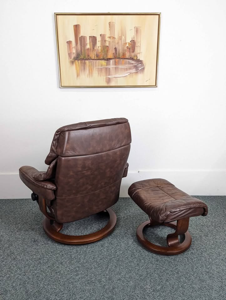 Ekornes Stressless Large Reno Brown Leather Lounge Chair & Ottoman