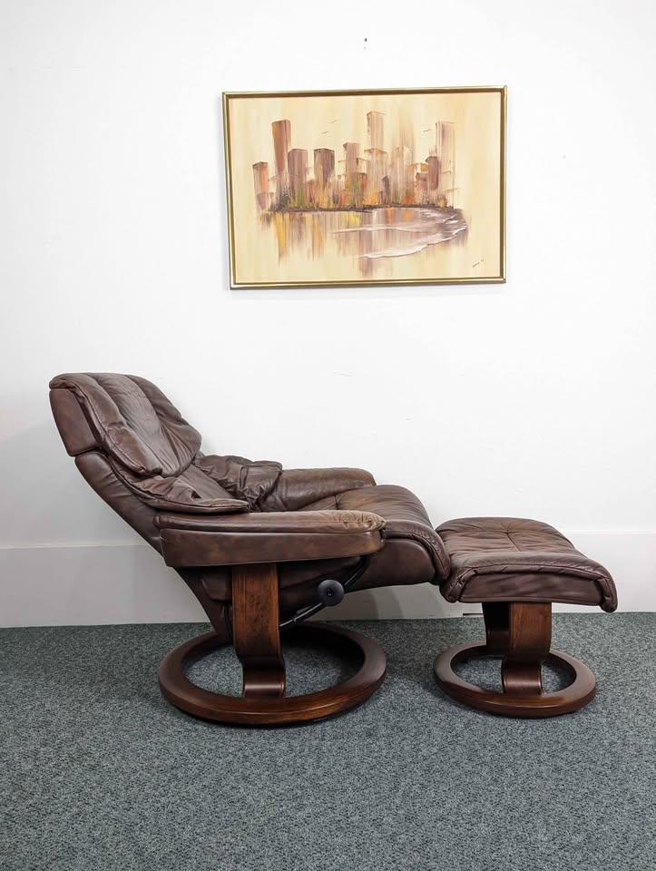 Ekornes Stressless Large Reno Brown Leather Lounge Chair & Ottoman