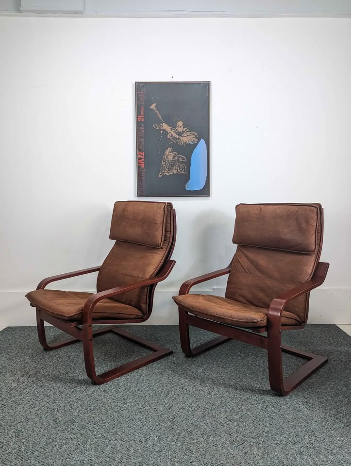 Vintage Pair of a Rare Brown Suede Leather Noboru Nakamura Chairs for IKEA