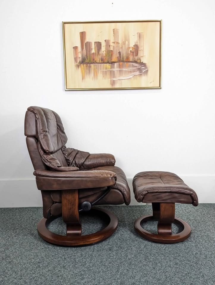 Ekornes Stressless Large Reno Brown Leather Lounge Chair & Ottoman