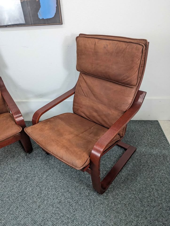 Vintage Pair of a Rare Brown Suede Leather Noboru Nakamura Chairs for IKEA