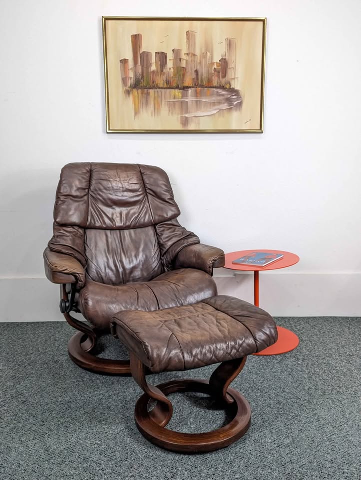 Ekornes Stressless Large Reno Brown Leather Lounge Chair & Ottoman