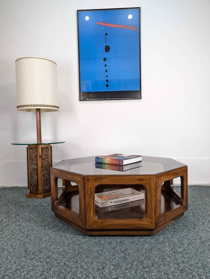 Large MCM Lane Style Walnut Octagon Coffee Table with Smoked Glass Top