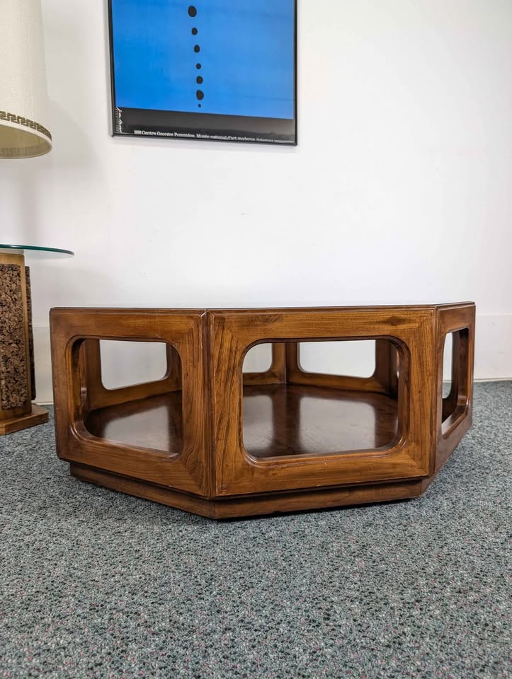 Large MCM Lane Style Walnut Octagon Coffee Table with Smoked Glass Top