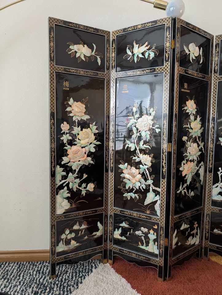 Vintage Black Postmodern Hollywood Glam Asian Room Divider