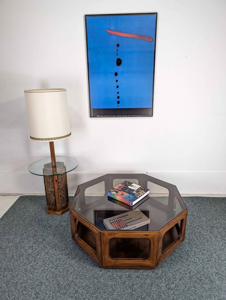 Large MCM Lane Style Walnut Octagon Coffee Table with Smoked Glass Top