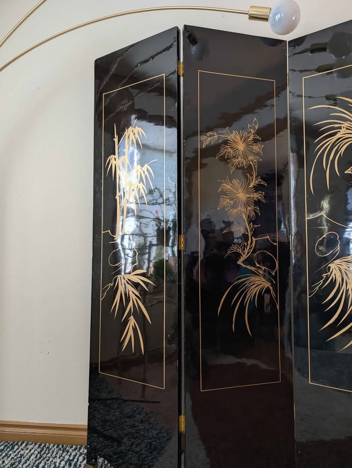 Vintage Black Postmodern Hollywood Glam Asian Room Divider