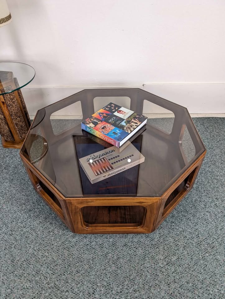 Large MCM Lane Style Walnut Octagon Coffee Table with Smoked Glass Top