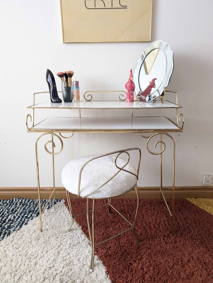 Faux Fur Post Modern Brass Vanity Chair & Makeup Table
