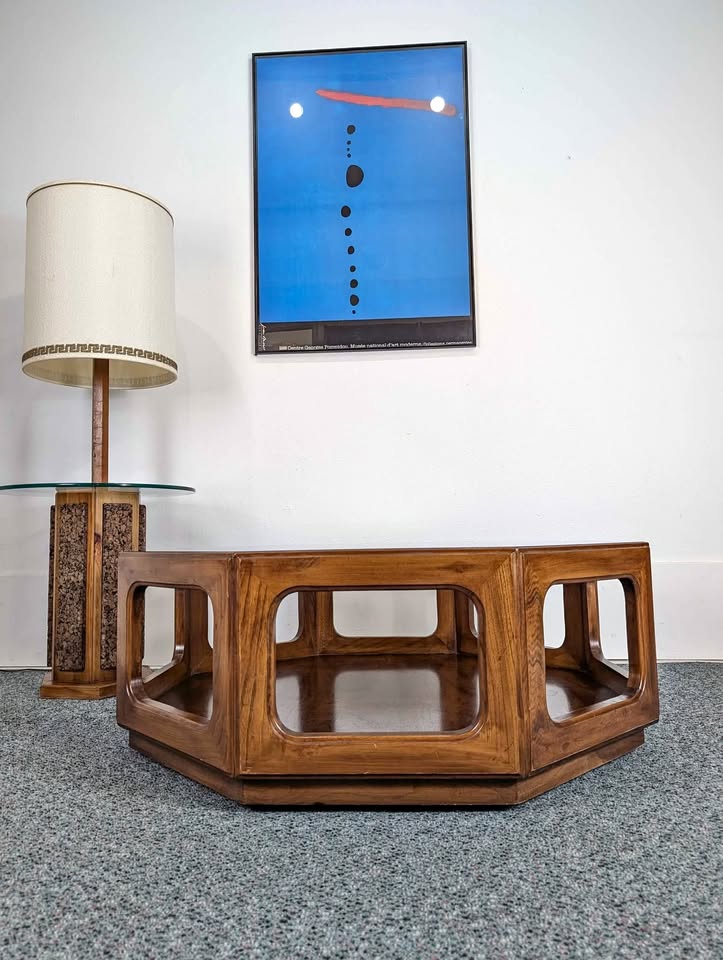 Large MCM Lane Style Walnut Octagon Coffee Table with Smoked Glass Top