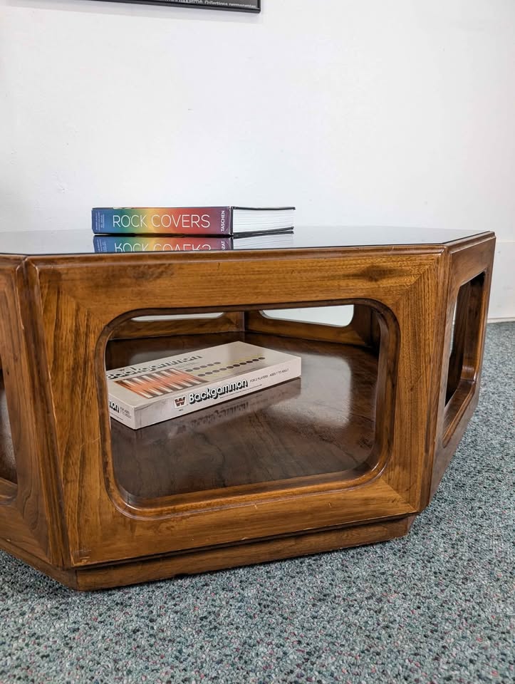 Large MCM Lane Style Walnut Octagon Coffee Table with Smoked Glass Top