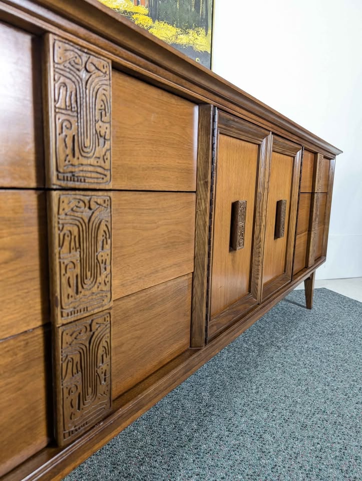 1960's Mid Century Modern Bassett Mayan 9 Drawer Walnut Dresser