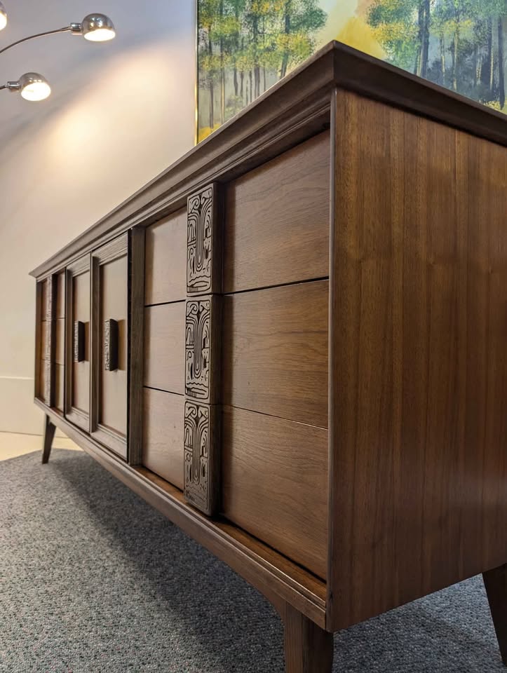 1960's Mid Century Modern Bassett Mayan 9 Drawer Walnut Dresser