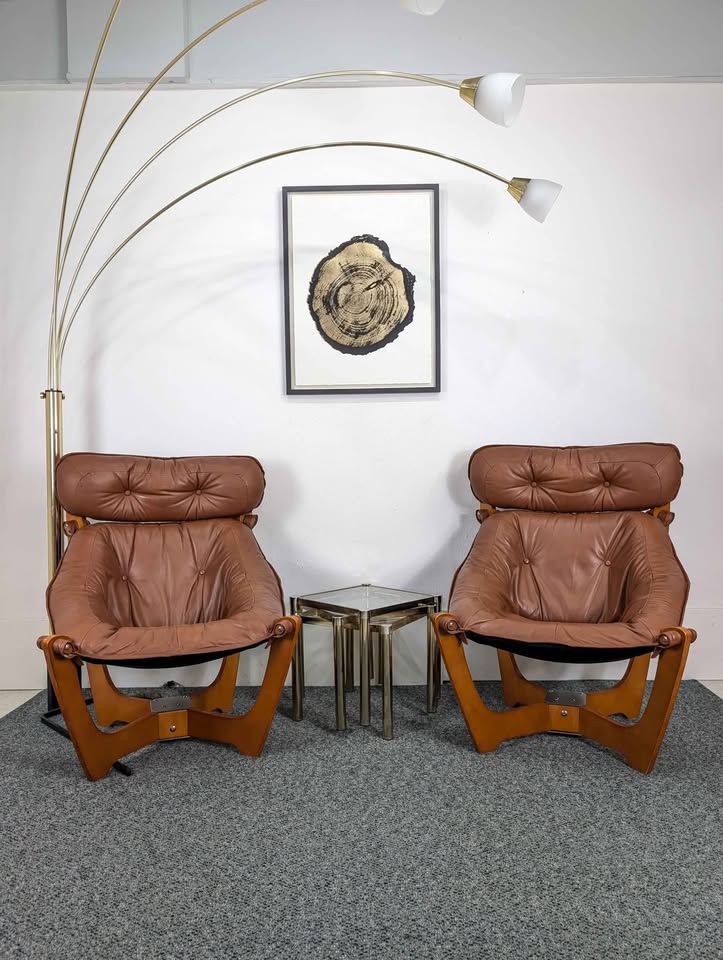 Pair of Brown Leather & Teak Luna Lounge Chairs & Ottomans