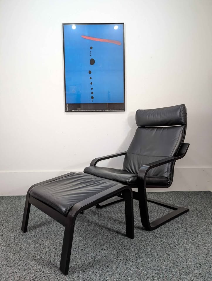 IKEA Poang Black on Black Leather Lounge Chair Ottoman