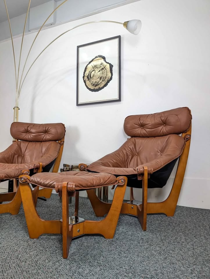 Pair of Brown Leather & Teak Luna Lounge Chairs & Ottomans